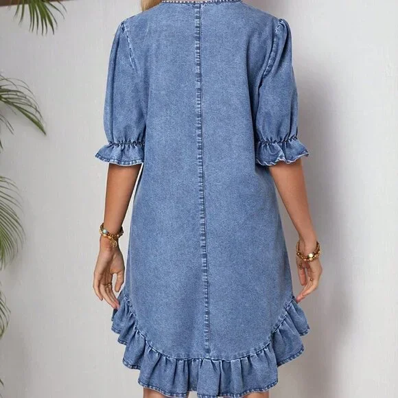 Blue Casual Women's Round Neck Short Puff Sleeve Denim Dress With Ruffled Hem - Picture 2 of 5